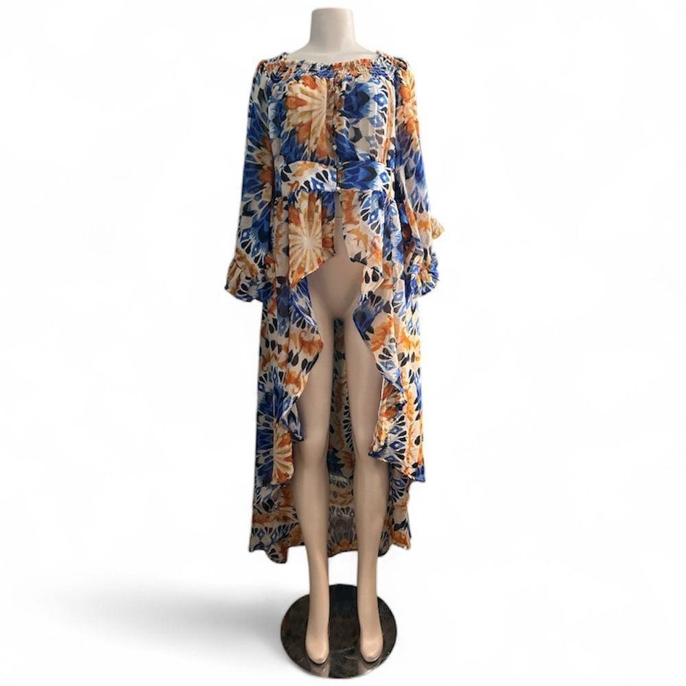 Live 4 Truth Blue and Orange Patterned Open Front Sheer Dress Plus Size 1X